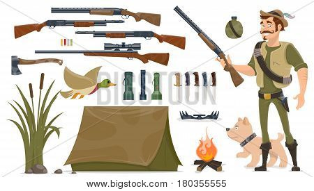 Hunting elements set with hunter dog trap weapons knives axe duck tent bonfire reeds plant flashlights isolated vector illustration