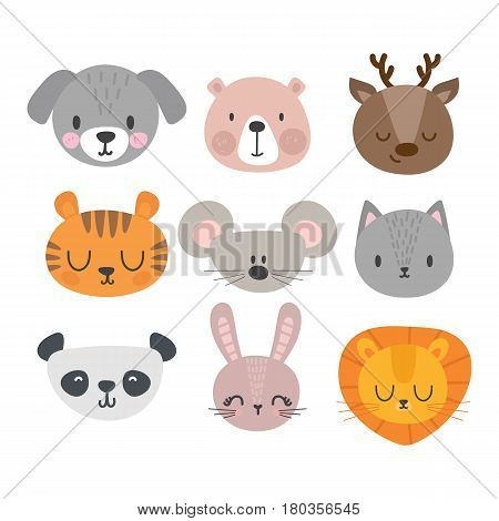 Set Of Cute Hand Drawn Smiling Animals. Cat, Deer, Panda, Tiger, Dog, Lion, Bunny, Mouse And Bear. C
