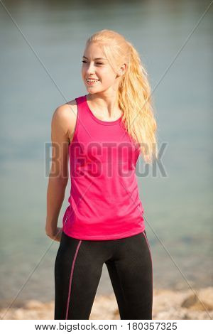 Jogging In Th Beach - Woman Runns Near Sea On Early Summer Morning