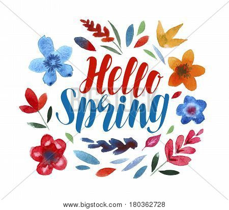 Hello spring, lettering. Flower pattern isolated on white background