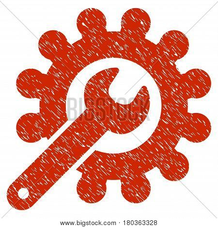 Grunge Wrench And Gear Customization Tools icon with grunge design and scratched texture. Unclean vector red pictogram for rubber seal stamp imitations and watermarks. Draft sticker symbol.