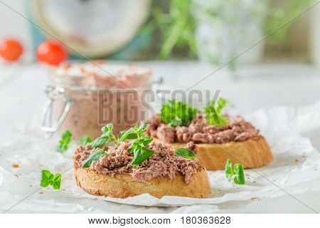 Fresh Bruschetta With Fegatini And Herbs For A Breakfast