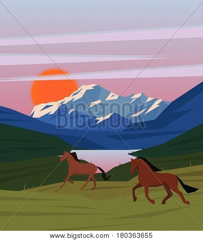 Colorful sunrise nature scenery template with horses running on meadow on lake and mountain landscape vector illustration