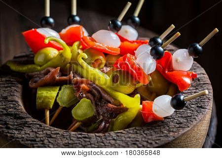 Delicious Banderillas With Peppers, Olives And Anchovies For Spanish Corrida