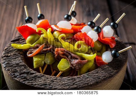 Spicy Banderillas With Peppers, Olives And Anchovies For A Party