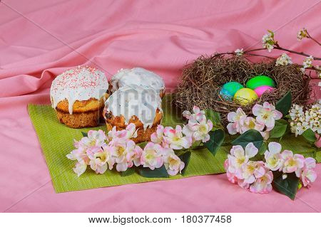 Easter Cake And Colored Eggs