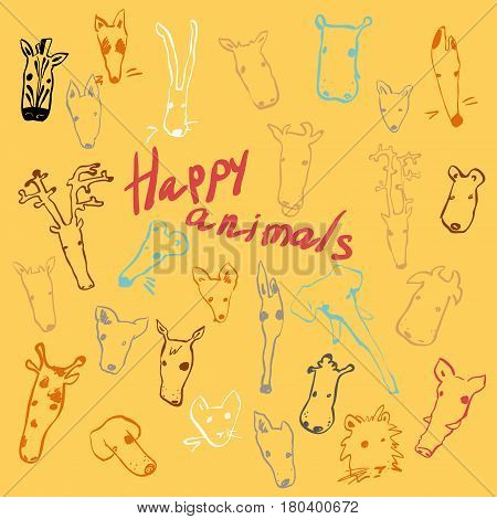 Hand draw vector set cute animals head