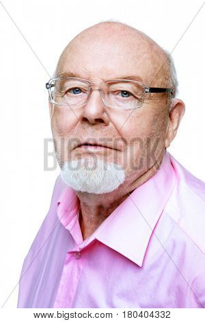 Angry old man expresses his dissatisfaction. Social protection, rights of pensioners. Isolated over white. Copy space.