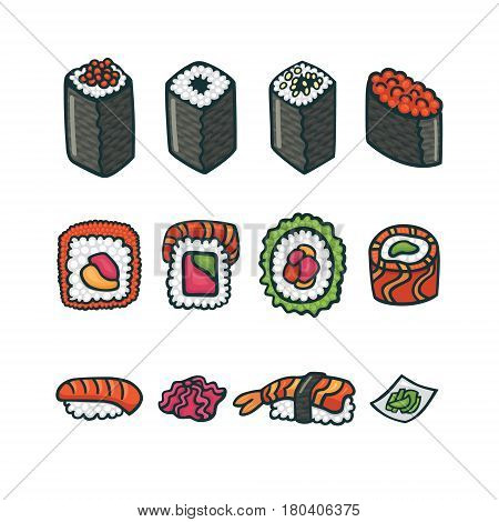 Hand drawn illustration of traditional japanese seafood. Can be used for branding or menu of asian cuisine restaurant and raw bar