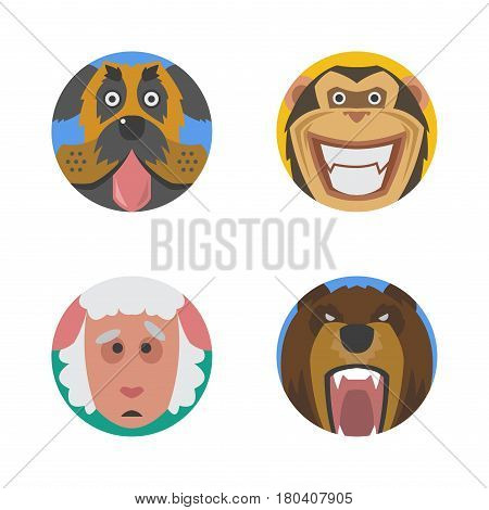 Cute animals emotions icons isolated fun set face happy character emoji comic adorable pet and expression smile collection wild avatar vector illustration. Beautiful surprise tears laughter mammals.