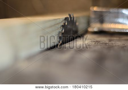 Board On A Table Of Circular Saw. Selective Focus