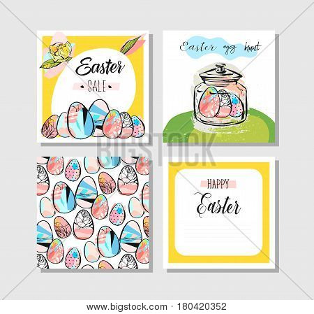 Hand drawn vector abstract creative Happy Easter greeting card design collection set template with flowersEaster eggs and bunny in pastel colors isolated on white background.Spring Easter backgrounds