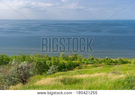 Summer landscape with Kakhovka Reservoir located on the Dnepr River Ukraine