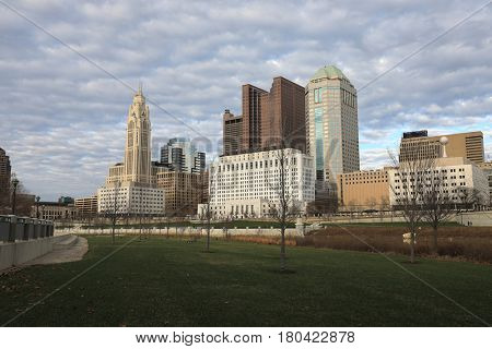 This is the view of the skyline of the city of Columbus, Ohio from the west bank of the Scioto River.