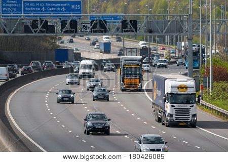 London UK - March 05 2017: Traffic on the busiest British motorway M25