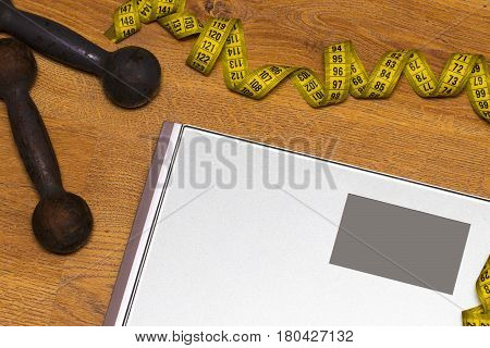 Scale, Jump Rope, Weights And Tape Measure, Concept Of Diet And Healthy Lifestyle