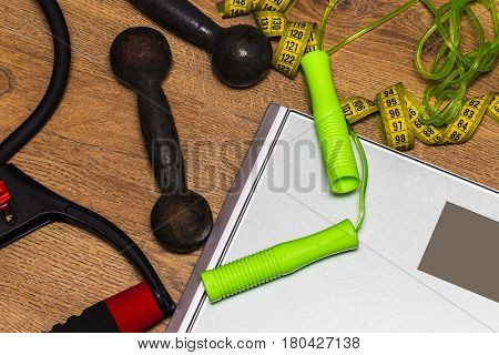 Scale, Jump Rope, Weights And Tape Measure, Concept Of Diet And Healthy Lifestyle