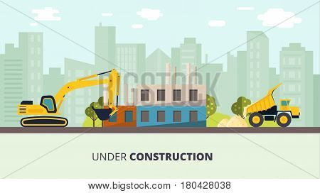 House construction vector illustration. Building process on cityscape background. Industry machinery with house foundation on street.
