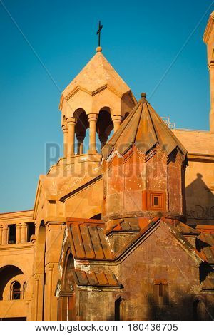 Photo of the Katoghike Holy Mother of God Church and Saint Anna Church. Architecture concept. Yerevan City center, Armenia. Religious background.