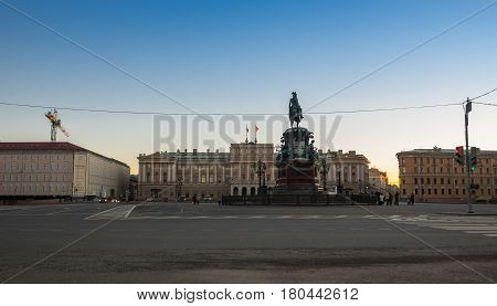 SAINT- PETERSBURG RUSSIA - DECEMBER 27 2015: Saint Isaac's Square or Isaakiyevskaya Ploshchad in Saint Petersburg Russia is a major city square sprawling between the Mariinsky Palace and Saint Isaac's Cathedral