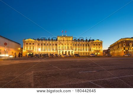 SAINT- PETERSBURG RUSSIA - DECEMBER 27 2015: Saint Isaac's Square or Isaakiyevskaya Ploshchad in Saint Petersburg Russia is a major city square sprawling between the Mariinsky Palace and Saint Isaac's Cathedral