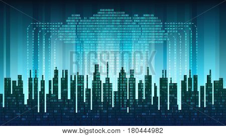 Binary rain in digital abstract city, the flow of data with the cloud, high-tech background, concept of global networking technologies