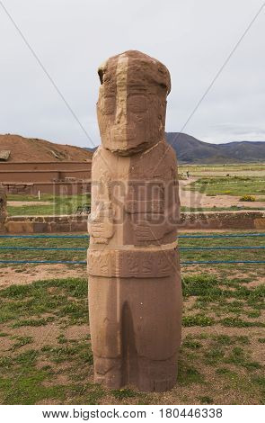 Ancient stone carved statue - Fraile Monolith in famous Tiwanaku Archaeological site