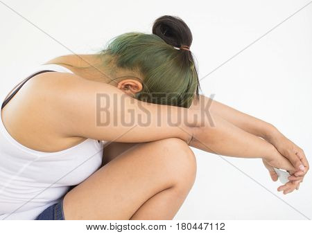 Stress woman with combined pills in hands,Woman healthcare concept and ideas