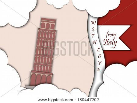 Paper applique style illustration. Card with application of Leaning Tower of Pisa, Italy decorated with text from Siberia with love. Postcard