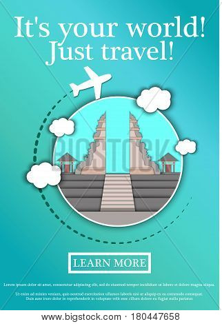 Banner with text Its your world.Just travel. Concept website template.Modern flat design. Vector Illustration.Temple of Lempuyang, Bali.
