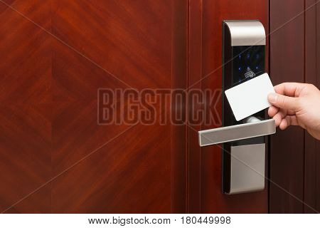 electronic door lock opening by an blank security card good for adding text and logo