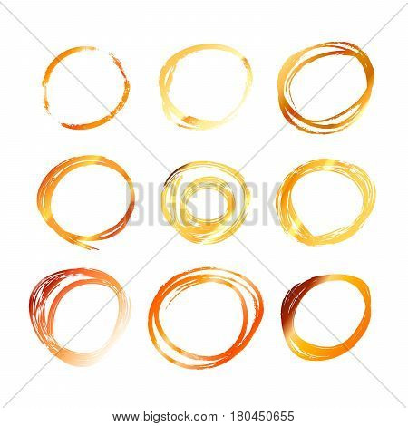 Set of nine golden hand drawn scribble circles isolated on white