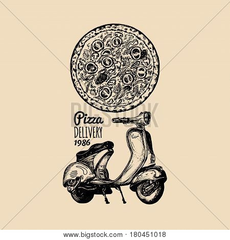 Vector pizza delivery scooter. Hand sketched retro motorroller with italian food illustration. Typographic advertising poster, banner.