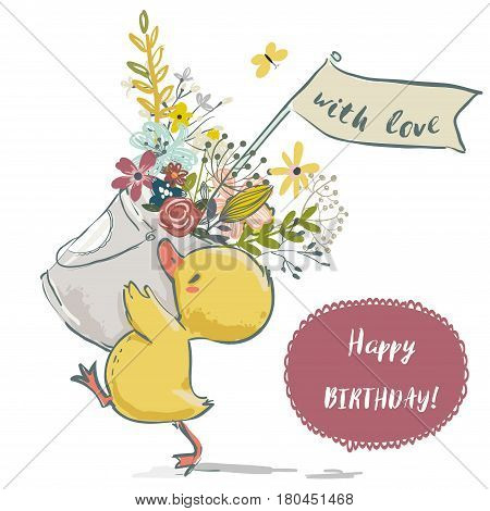 cute little birthday duck with flower wreath