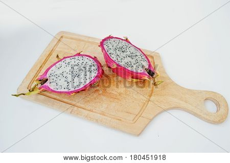 Exotic Fruit Pitaya Or Pitahaya, Dragon Fruit (hylocereus Undatus) On Wooden Board Isolated On White