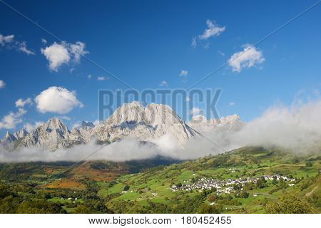Mountains in Lescun Cirque, Aspe Valley, in the foreground you can see the Lescun village. Pyrenees, France.