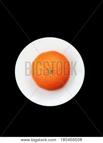 top view orange on dish isolated on black