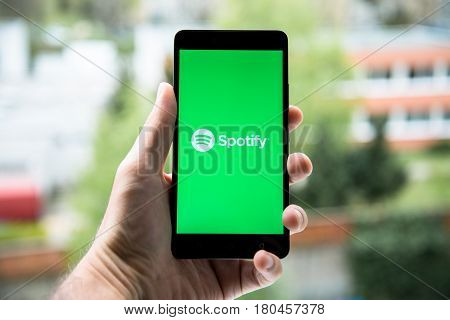 Nitra, Slovakia, March 24, 2017: Spotify logo on smartphone