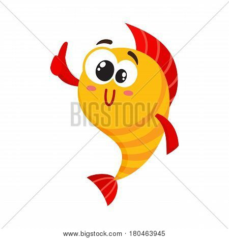 Cute, funny golden, yellow fish character with human face giving thumb up, cartoon vector illustration isolated on white background. Crazy yellow fish character, mascot showing okay sign