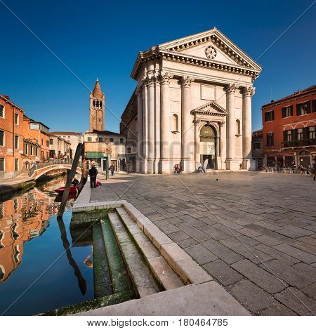 VENICE ITALY - MARCH 7 2014: San Barnaba Church in Venice Italy. A church at the site was built in the ninth century destroyed by fire in 1105 and rebuilt in 1350.