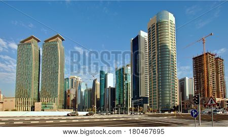 DOHA, QATAR - FEBRUARY 17, 2016: The high-rise Dafna business district of Doha, seen from the recently completed Hotel Park.