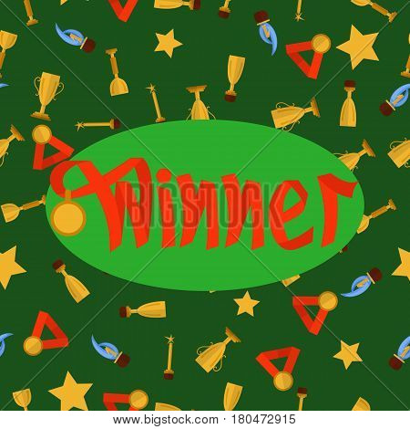Word winner made with red ribbon with medal on green seamless pattern with cups and medals. Vector. Symbolizes victory, success.