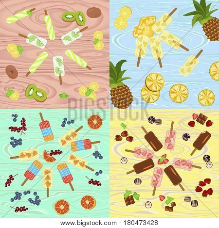 Set of Popsicles with berries and fruits on wooden background. Top view ice-cream vector illustration eps 10