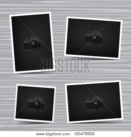 Paper horizontal vertical and square photo set on gray wooden background. Empty exhibition collection of template to insert your photography. Picture collection. Camera symbol for default show