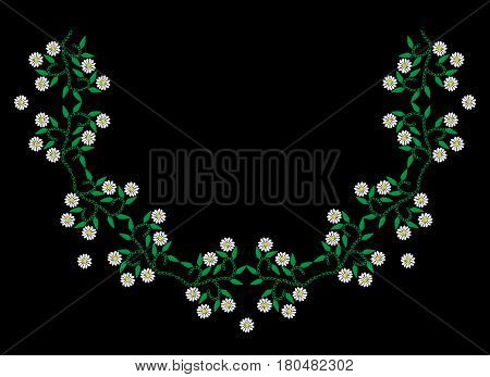 Embroidery stitches effect floral pattern with white flower and green leaf. Vector folk embroidery pattern on the black background for printing on fabric napkin and other decoration.