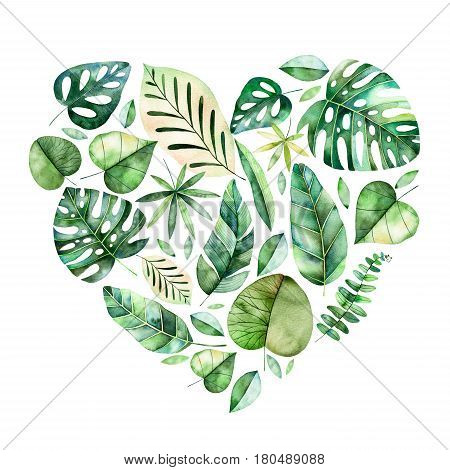 Beautiful template card. Handpainted illustration with colorful tropical leaves.