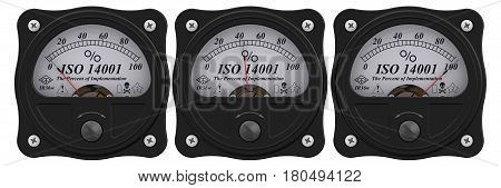ISO 14001. Analog indicator showing the level of implementation ISO 14001 standard (ISO 14001 sets out the criteria for an Environmental Management System (EMS)). 3D Illustration. Isolated