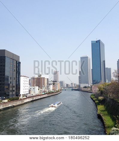 Osaka skyline in spring. Great weather and clean river