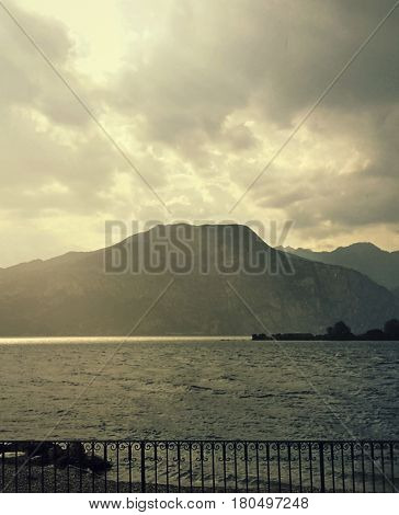 Photo Landscape Sunset Lake with cloudy yellow sky