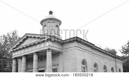 Kirch St. Nicholas in Gatchina - Lutheran church in the city of Gatchina the parish center Hatsina Evangelical Lutheran Church of Ingria. Black and white.
